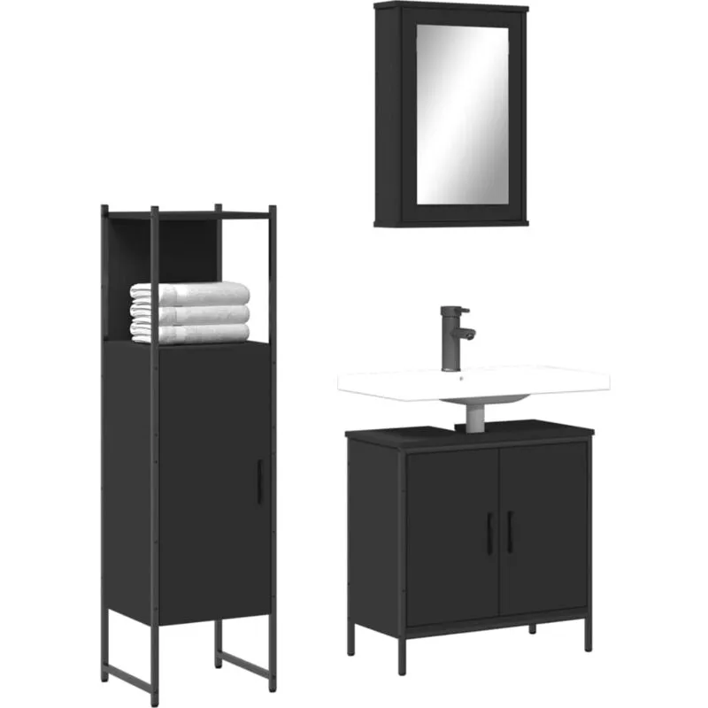 Avimac - Set Mobili da Bagno 3 pz Nero in Legno Multistrato