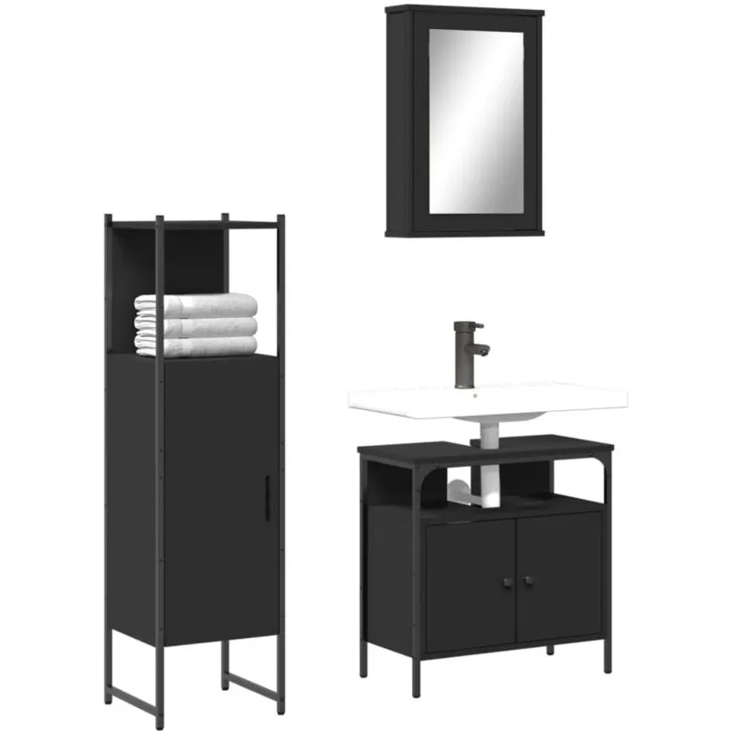 Avimac - Set Mobili da Bagno 3 pz Nero in Legno Multistrato