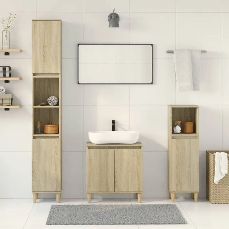 Set Mobili da Bagno 3 pz Rovere Sonoma in Legno Multistrato