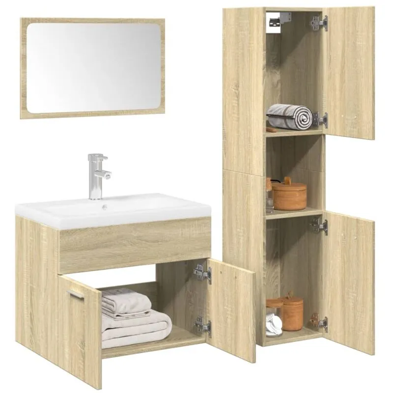 Set Mobili da Bagno 3 pz Rovere Sonoma in Legno Multistrato