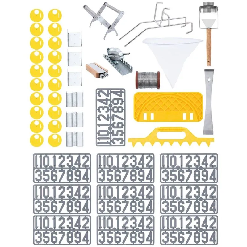 Wiesenfield - Set per apicoltura - 45 pezzi - Leva - Filo per favi - Zigrinatore per telaini - Cinghia per arnie - Cifre - Porta secchio per miele