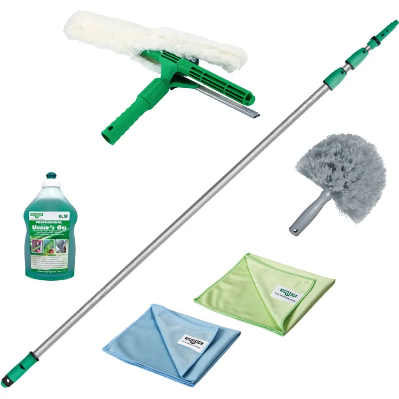 Unger - Set per la pulizia del giardino d'inverno (incl. detergente, tergivetro, asta di prolunga, panni in microfibra, pulizia senza aloni) AK130