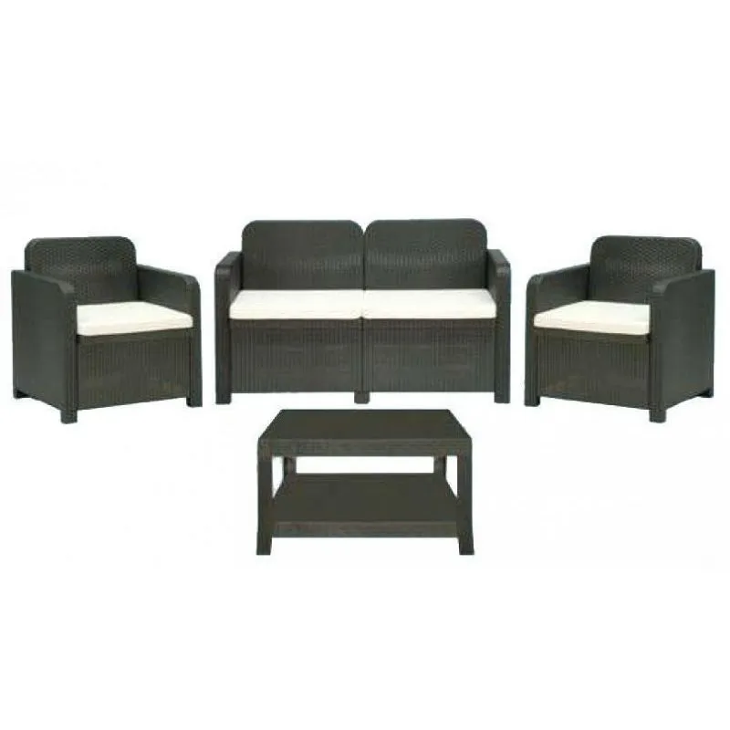 Set Salotto in resina rattan light club antracite tavolino poltrone cuscini