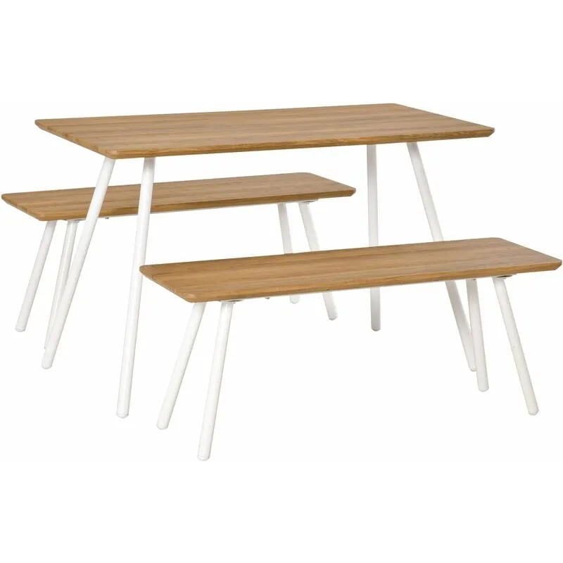 Set Tavolo da Pranzo con 2 Panche in mdf e Metallo Bianco