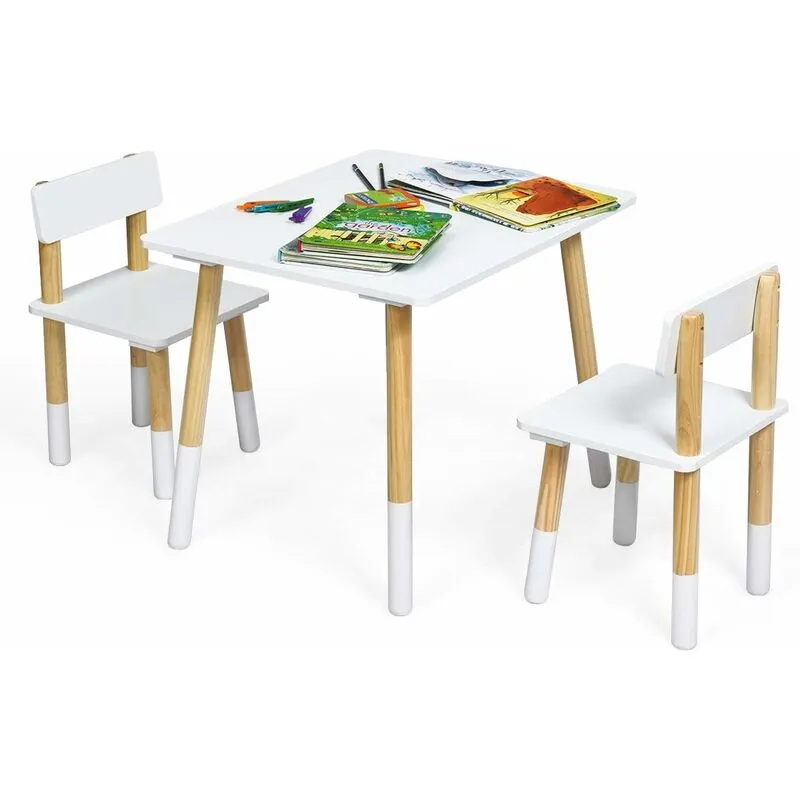 Set Tavolo e 2 Sedie per Bambini - Gambe in Legno di Pino, Set Tavolo Attività, Mobili di Legno per Giocare Imparare Mangiare, Bianco - Costway