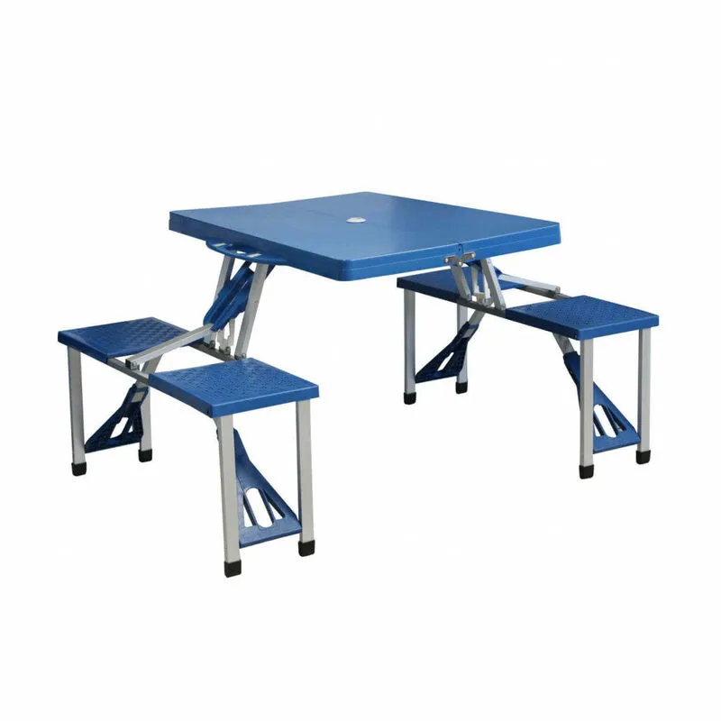 Set Tavolo Pieghevole con 4 Sgabelli da Campeggio in Alluminio Blu