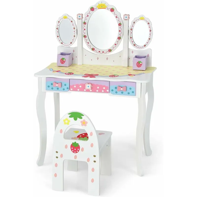 Costway - Set Toeletta per Bambini - Specchio Tripartito, Tavolo Toeletta, Sedia per Bambini, 3 Cassetti 2 Scatole, Design colorato di graffiti,