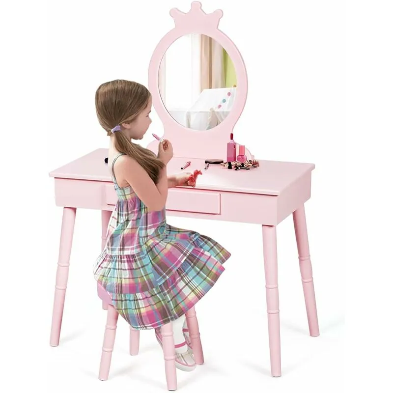 Goplus - Set Toeletta e Sgabello per Bambini, Toeletta con Specchio per Trucco, con Cassetto e 4 Gambe in Legno, Tavolo da Trucco Stabile (Rosa)