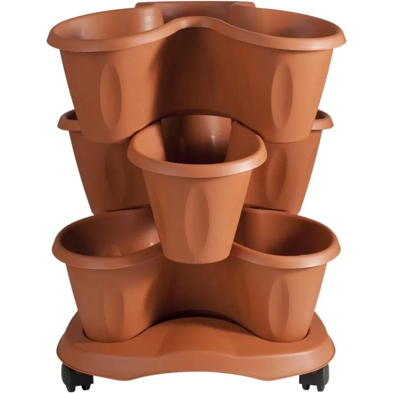 30015 Set 3 Vasi Trifoglio, Terracotta, con Sottovaso e Ruote - 