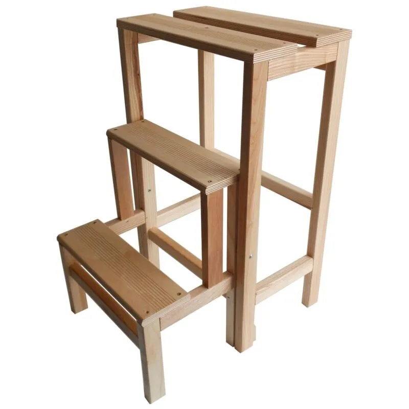 sgabello scala con 3 gradini a ribalta richiudibile in legno, 37x23x60 cm