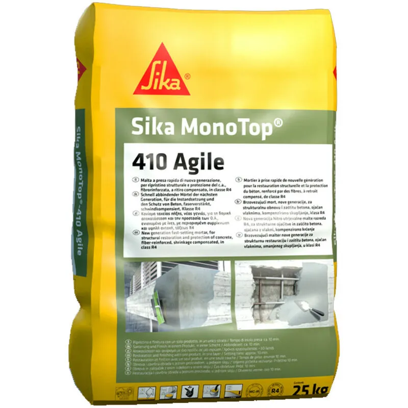 Sika - monotop 410 agile - malta a presa rapida e granulometria fine fibrorinforzata per ripristino strutturale - 25 kg