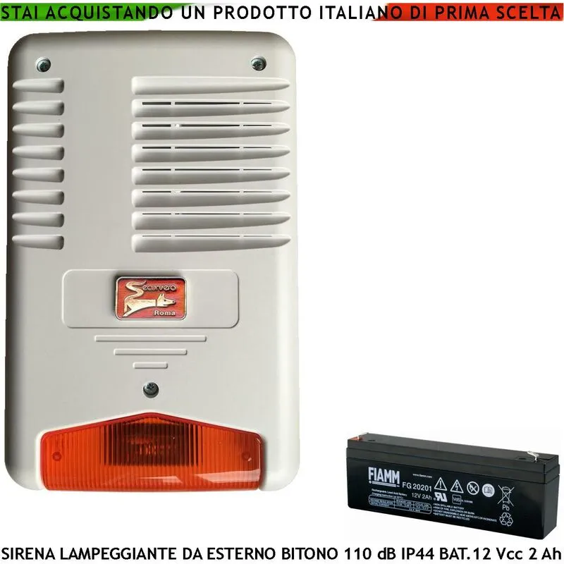 Sirena Allarme Con Lampeggiatore a Led da Esterno Melodia Bitono Frequenza 1724 +/- 2475 Hz 110 dB Assorbimento 1,5 Ah Batteria 12 V 2 Ah Selezionata