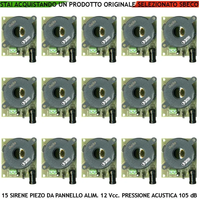 Sirena Piezo da Pannello 15 Pezzi Acustica 105 dB Alimentazione 12 Vcc Assorbimento 80 mA 2 Morsetti Polarizzati Amplificazione Bitonale a/b 1500 +/