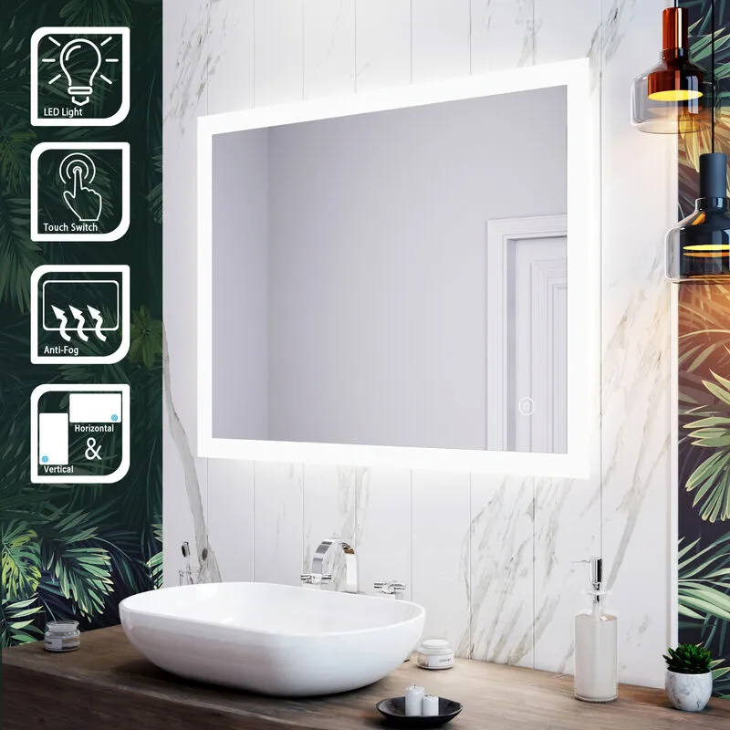 Specchio da Bagno Luce led da Muro, Specchio Bagno Illuminato 90 x 70 cm con Touch Control e Anti Appannamento, Semplicità Specchio da Parete