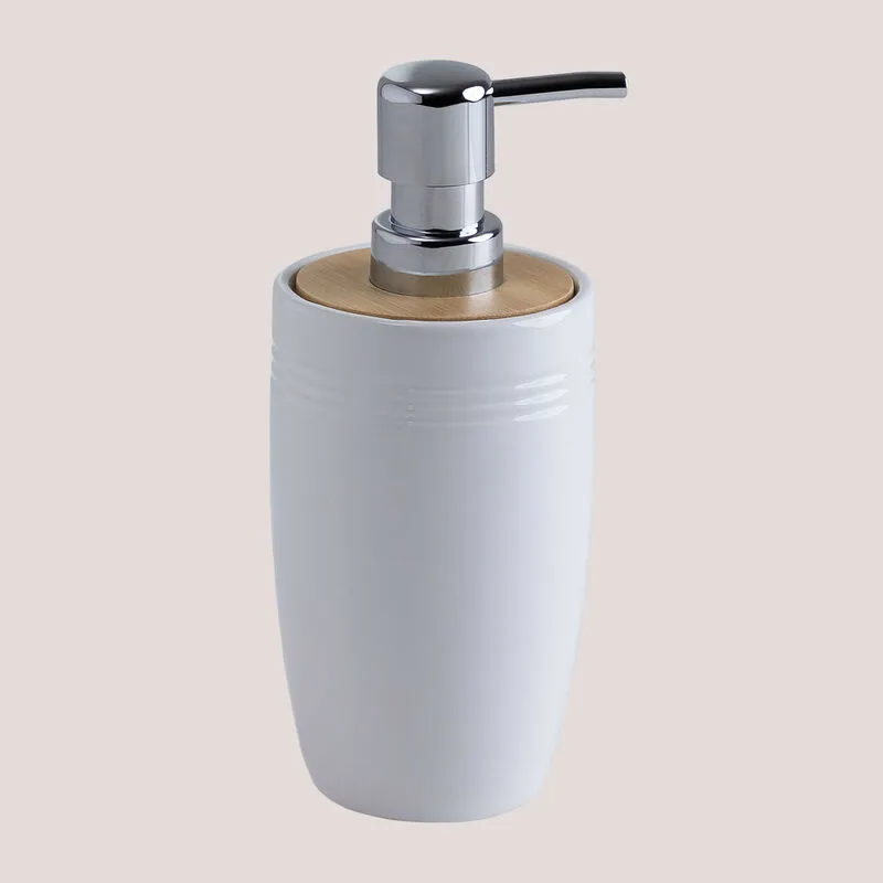 Sklum - Dispenser di sapone in ceramica e bambù Perkyn Bianco - Bianco Ø9 cm