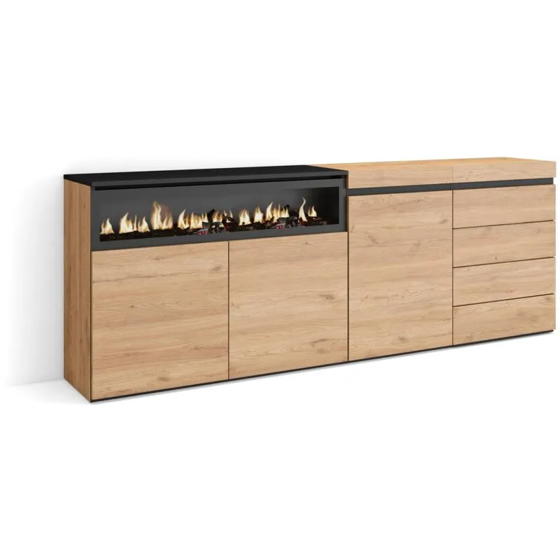 Credenza, Mobile, Buffet, Stoccaggio, 207x75x35 cm, Camera da letto, stanza, Camino elettrico, Cassettiera, Stile moderno, Rovere - Skraut Home