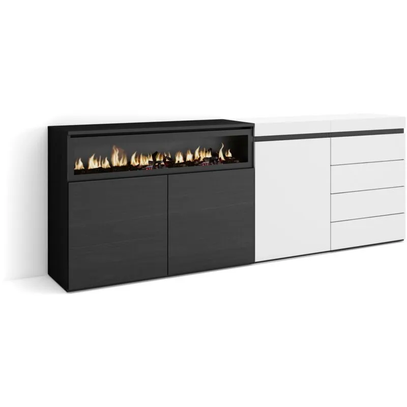 Credenza, Mobile, Buffet, Stoccaggio, 207x75x35 cm, Camera da letto, stanza, Camino elettrico, Cassettiera, Stile moderno, Bianco - Skraut Home