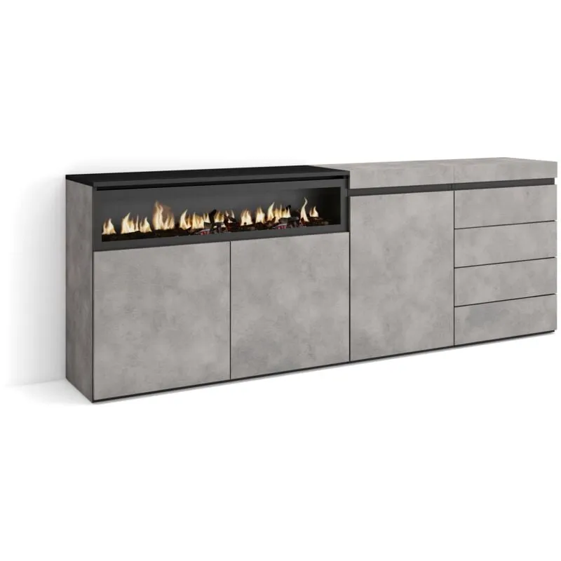 Skraut Home - Credenza, Mobile, Buffet, Stoccaggio, 207x75x35 cm, Camera da letto, stanza, Camino elettrico, Cassettiera, Stile moderno, Grigio