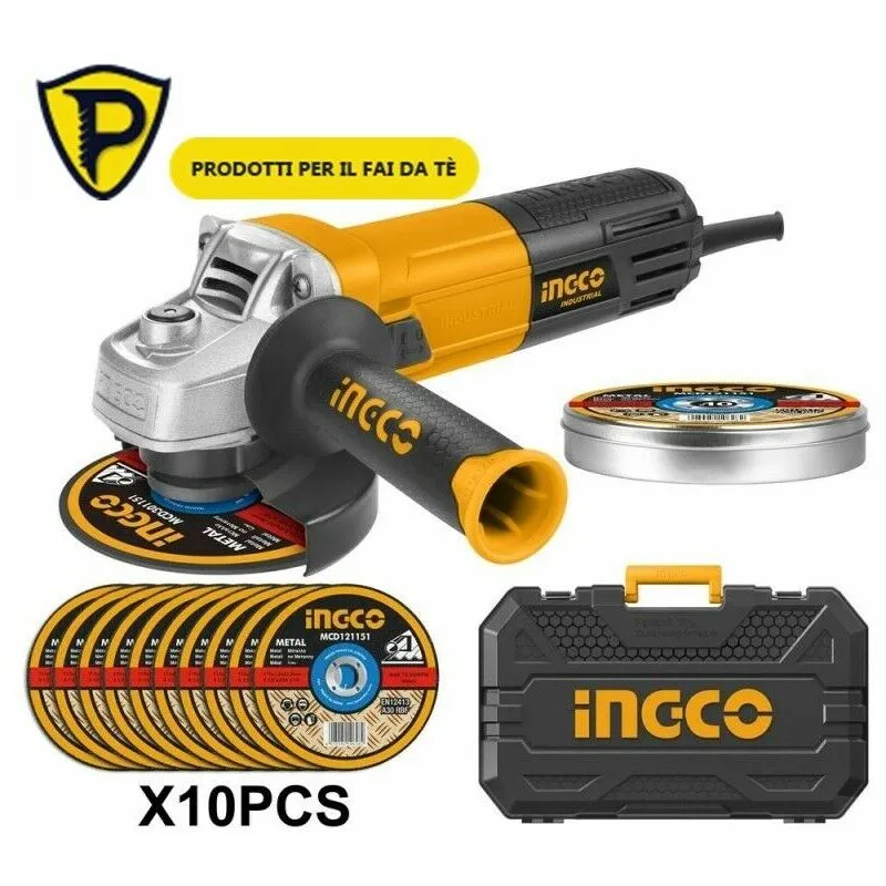 Ingco - Smerigliatrice Angolare elettrica 950W + Valigetta + 10 Dischi 115 con custodia