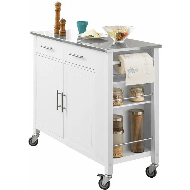 Carrello da cucina con piano in acciaio inox Isola da cucina con ripiano laterale Credenza con ruote Bianco, FKW108-W - Sobuy