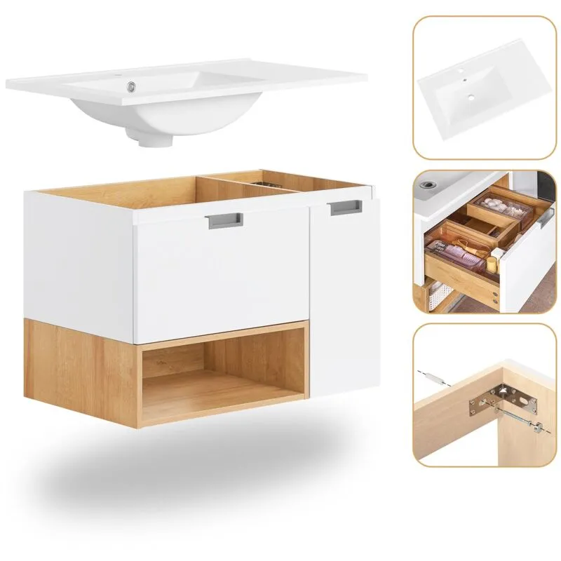 Mobile base per lavabo con 1 cassetto e 1 anta Mobile da bagno Bianco-Naturale 80x46x54cm BZR178-WN - Sobuy