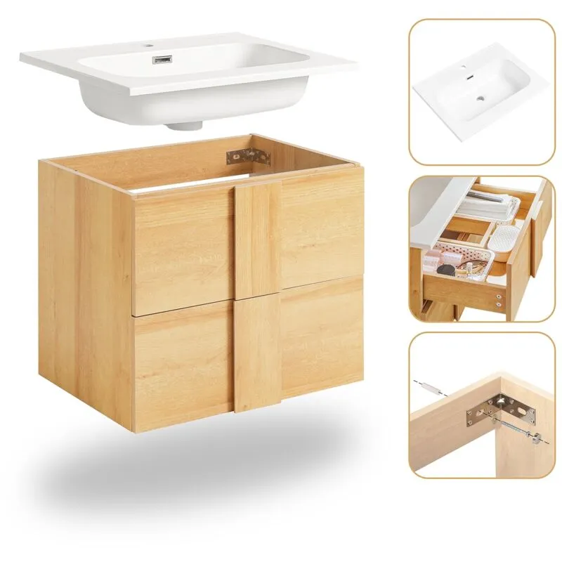 Mobile base per lavabo con due cassetti Mobile da bagno Naturale 61x46x54cm BZR172-N - Sobuy