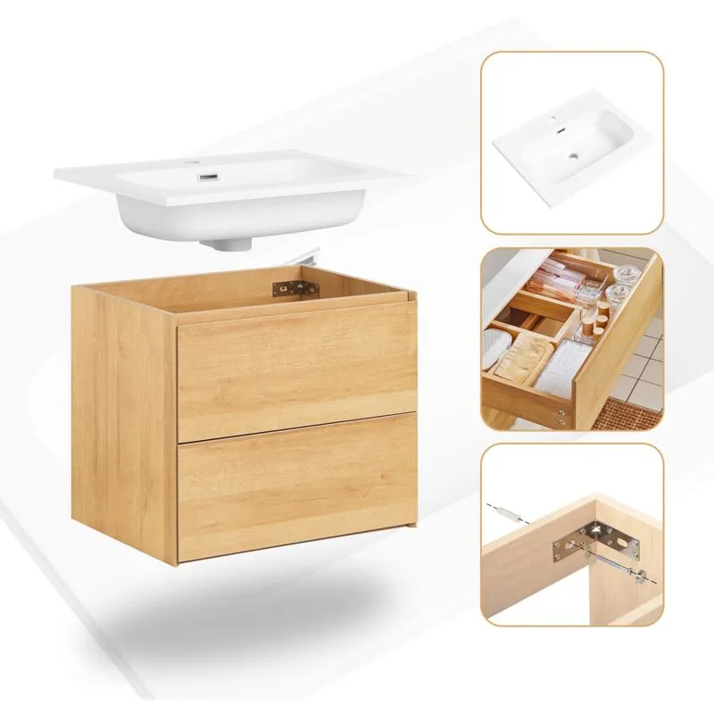 Sobuy - Mobile base per lavabo con due cassetti Mobile da bagno Naturale 61x46x54cm BZR174-N