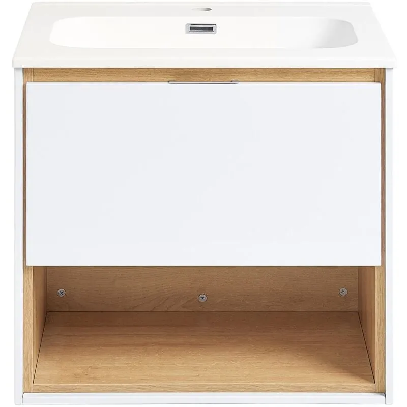 Mobili da bagno sospeso Mobile lavabo con 1 cassetto Bianco-Naturale 61x46x59 cm BZR171-N - Sobuy