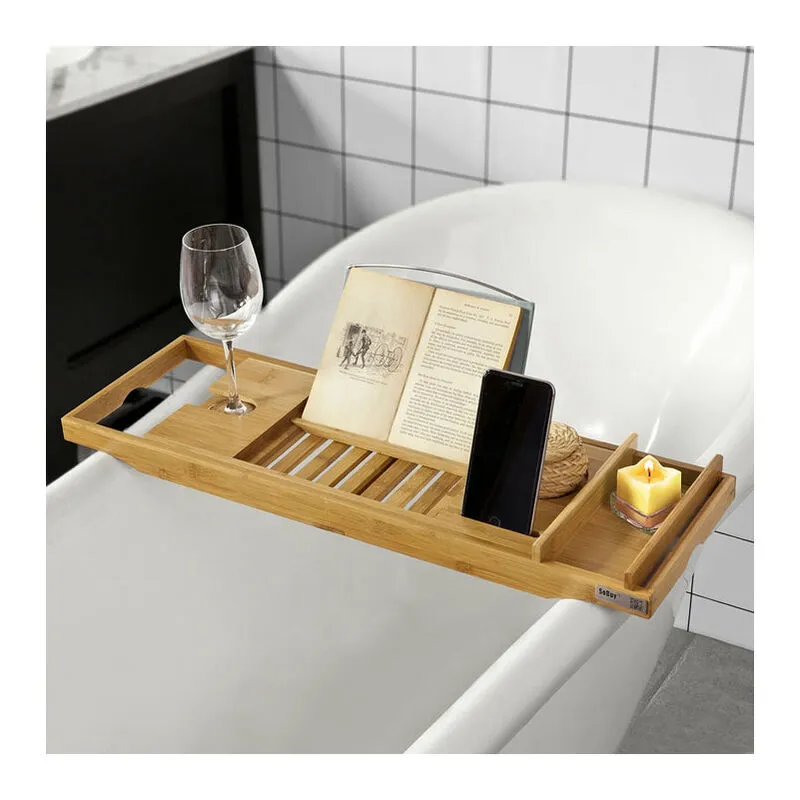 Ripiano per vasca da bagno in bambù,con supporto libri e tablet,Lunghezza in 70-104cm, FRG207-N - Sobuy