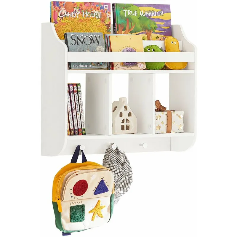 Scaffale per bambini Scaffale a muro con 3 ganci Armadio con ripiani per libri e decorazioni Bianco 60x18x51cm KMB46-W - Sobuy