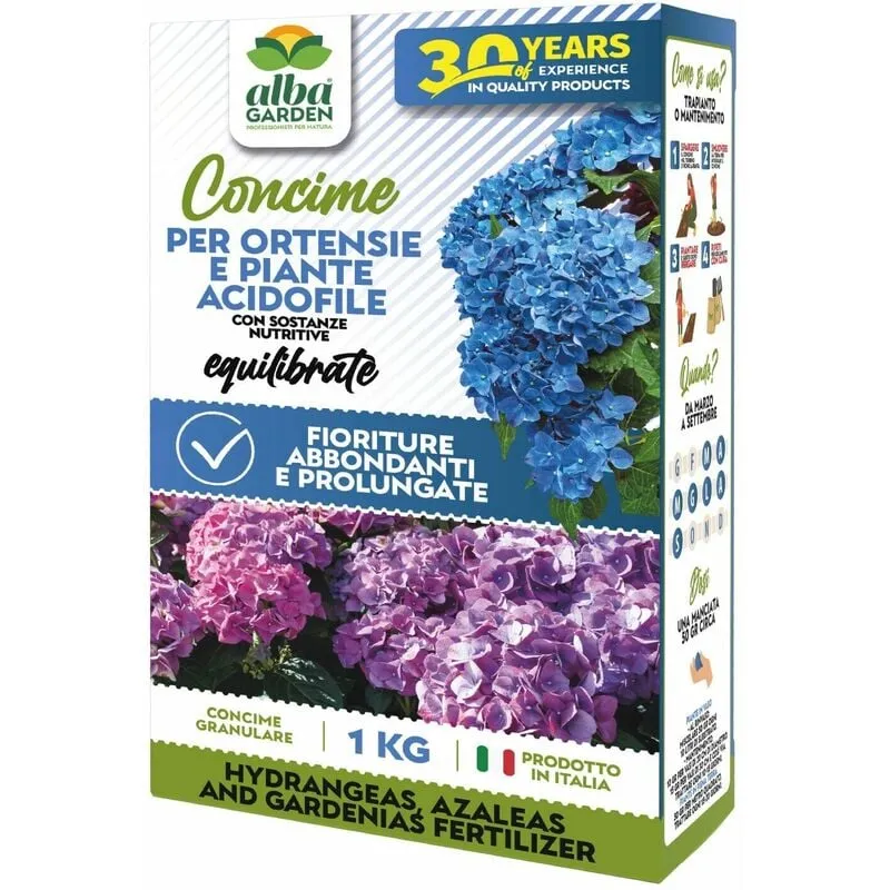 Albagarden - Concime Naturale Biologico, per Ortensie e Piante Acidofile Fertilizzante Granulare Idrosolubile per Abbondanti Fioriture x 1 kg