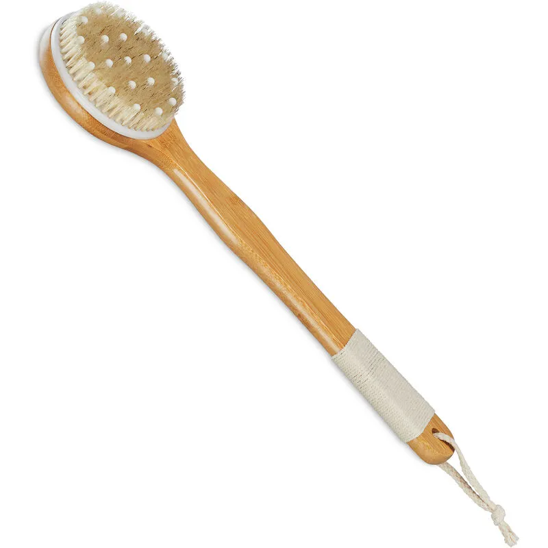 Spazzola Schiena Doccia, Testa Rotonda Massaggiante, Body Brushing con Manico Lungo 41 cm, Naturale Crema - Relaxdays