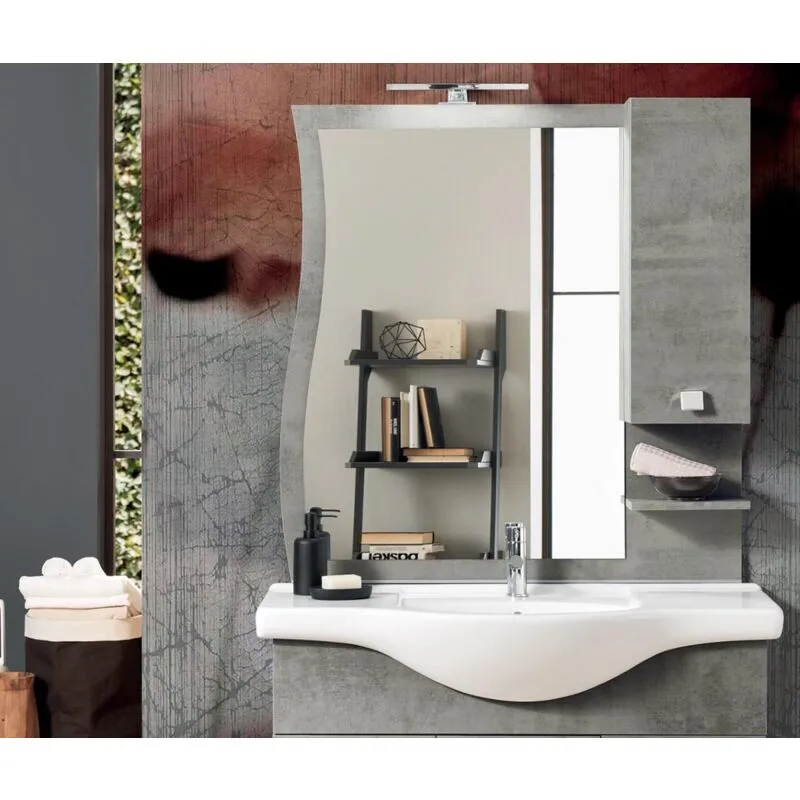 Specchio bagno con pensile e lampada led onda 100 cemento chiaro