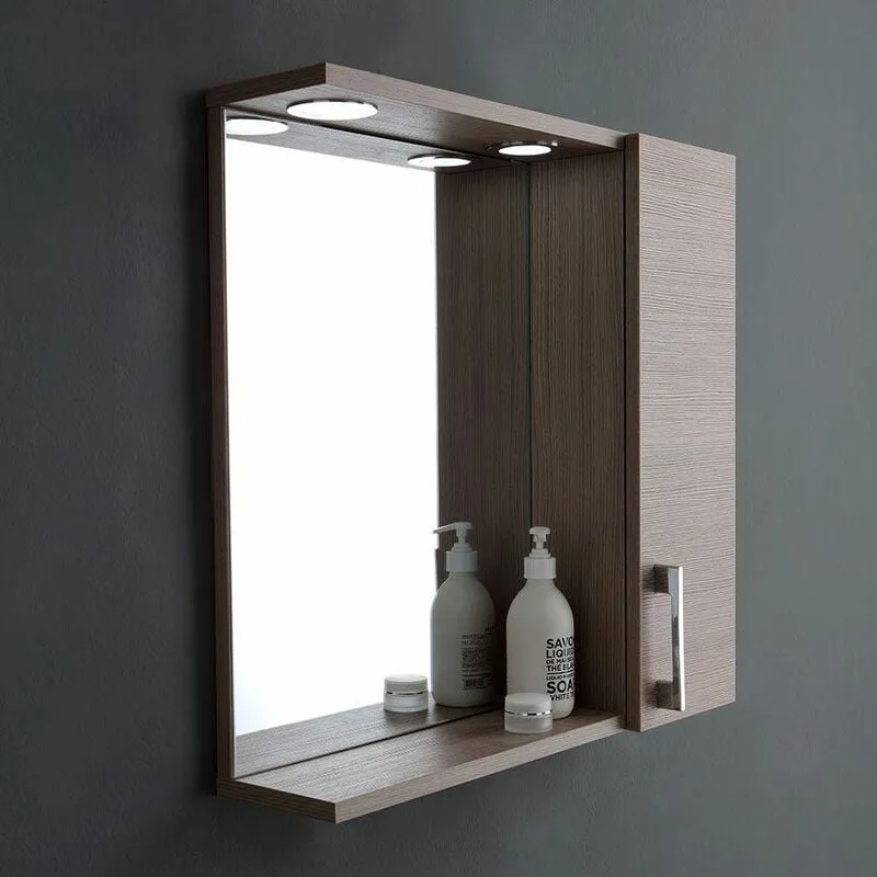 Specchio bagno pensile con anta laterale rovere effetto legno luce led