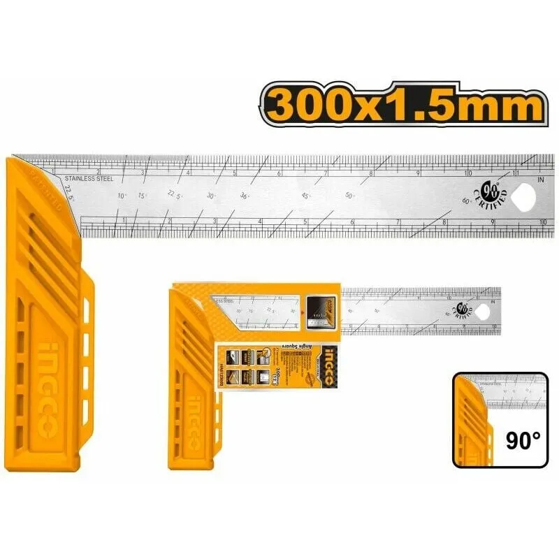 Ingco - Squadra Multiuso 90° professionale da 300mm scala millimetrata x angoli Manicata