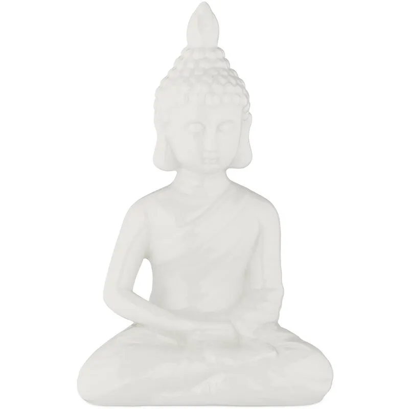 Statua del Buddha Seduto, Figura H:17 cm, per Interni ed Esterni, Resistente alle Intemperie, Ceramica, Bianco - Relaxdays