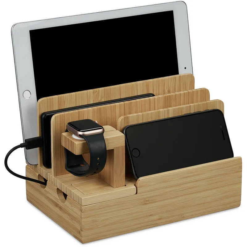 Relaxdays - Stazione di Ricarica Multipla, Docking Station per Apple Watch, Tablet e Smartphone, 15x21,5x15 cm, Naturale