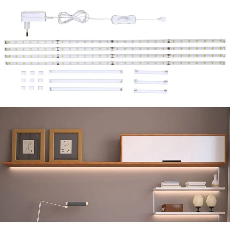 Striscia led 2m, set di 4 pezzi da 50cm, Luce bianca naturale 4000k, Include connettori, interruttore e spina europea, uso interno, Accorciabili,