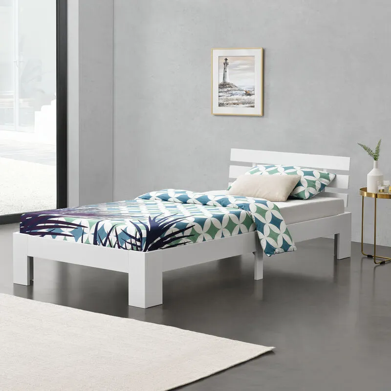 Struttura Letto in Legno di Pino con Testiera 100 x 200 cm Letto Singolo in Stile Moderno - Bianco