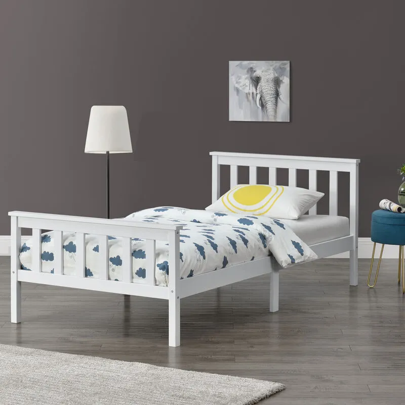 Struttura Letto Singolo 100 x 200 cm Letto in Legno di Pino con Testiera e Pediera Alte - Bianco