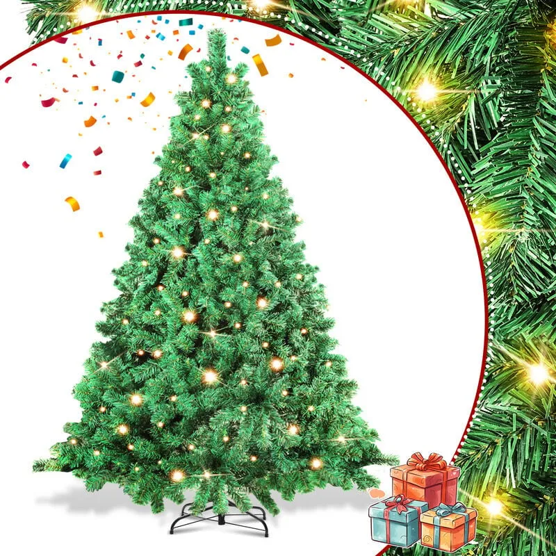 210cm Albero di Natale artificiale da con illuminazione, 8 modalità di illuminazione con supporto in metallo, albero di Natale in pvc per decorazioni