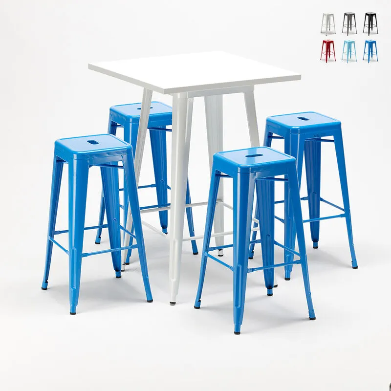 Tavolo alto e 4 sgabelli in metallo design Lix industriale union square per pub Colore: Blu