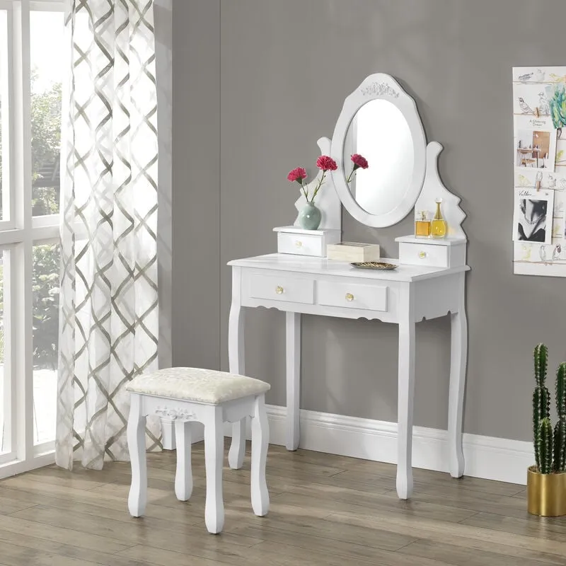 Tavolo da Trucco Limerick con Specchio Integrato e Sgabello - Bianco [en.casa]