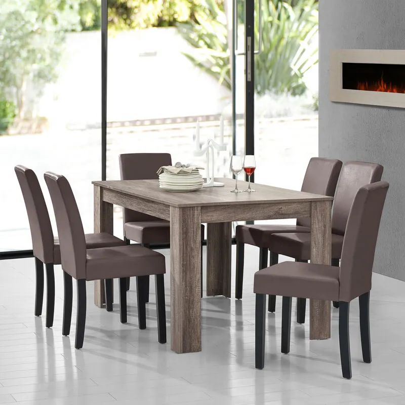 Set Pranzo con Tavolo 140x90 cm e 6 Sedie in Similpelle - Effetto Rovere Antico / Marrone [en.casa]