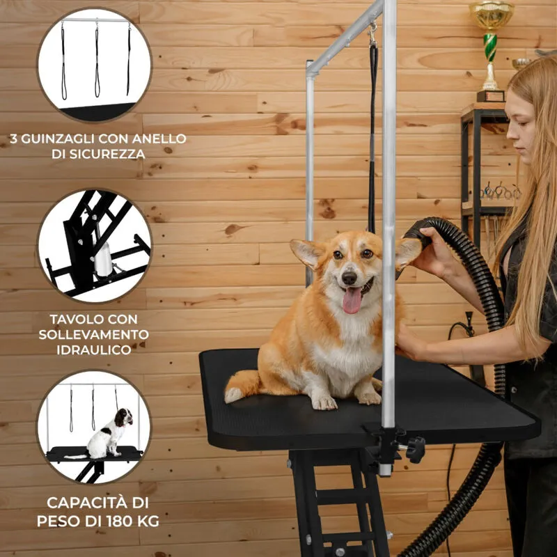 Monster Shop - Tavolo Professionale Idraulico per Toelettatura Cani - Altezza Regolabile 55-101 cm, Capacità 180 kg, Piano 106x61 cm in Gomma Nero