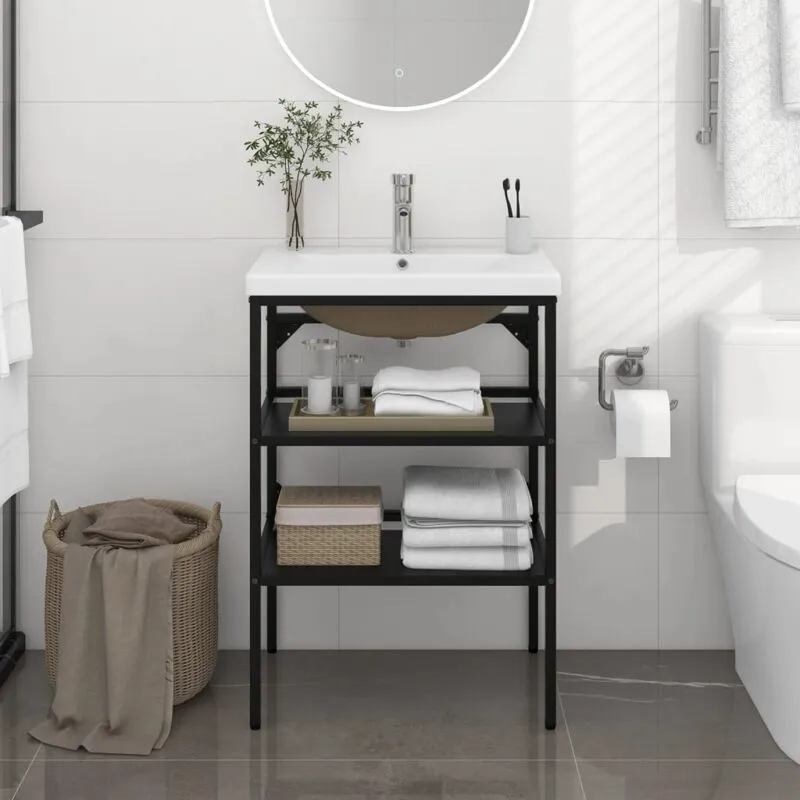 Telaio per Lavabo da Bagno con Lavabo Integrato Nero in Ferro