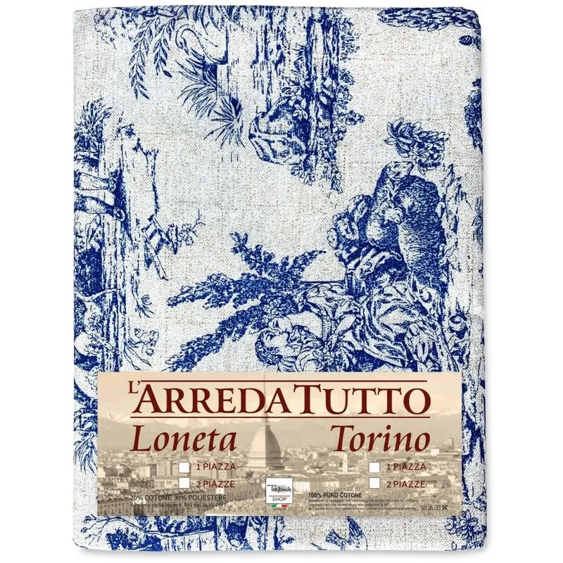 Telo arredo copritutto gran foulard copriletto copridivano tessuto loneta Toiles de Jouy blu 2 piazze