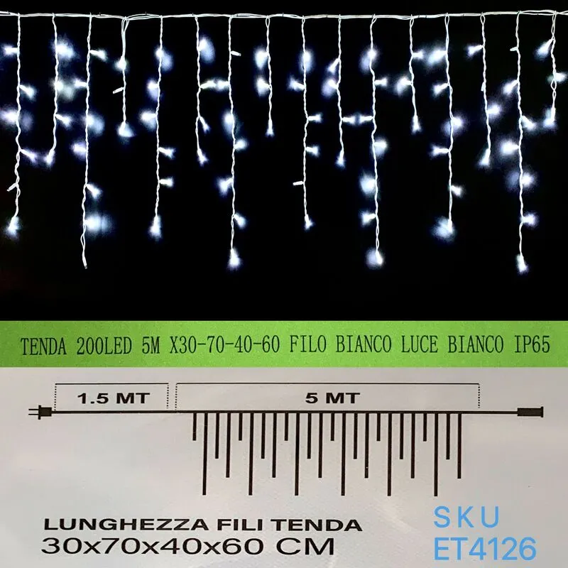 Tenda natale esterno natalizia 200 led 5m x 30-70-40-60 cm filo bianco luce bianco ip65 /ET4126