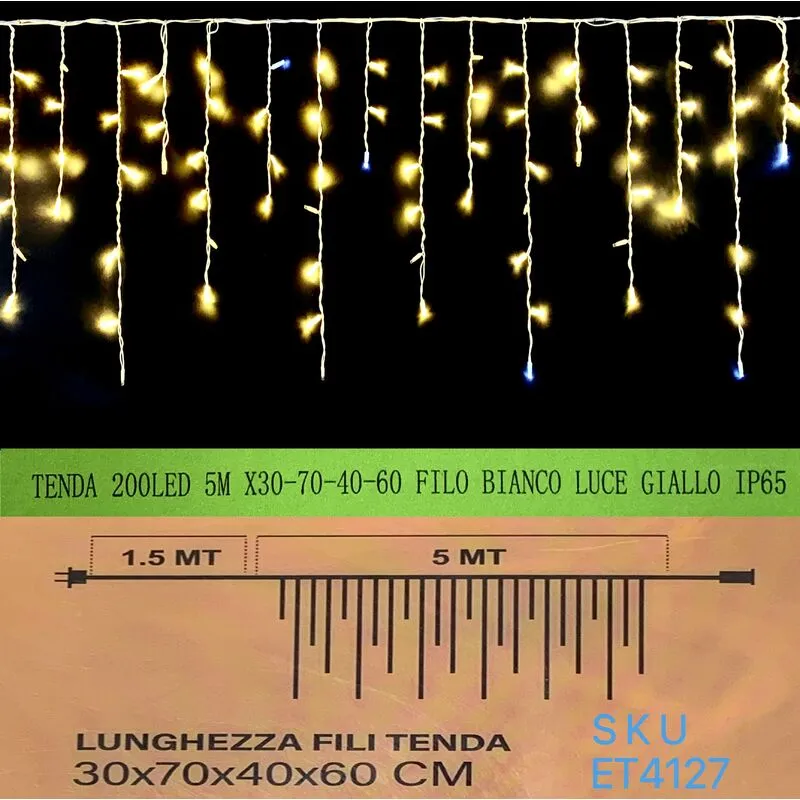 Tenda natale esterno natalizia 200 led 5m x 30-70-40-60 cm filo bianco luce giallo ip65 /ET4127