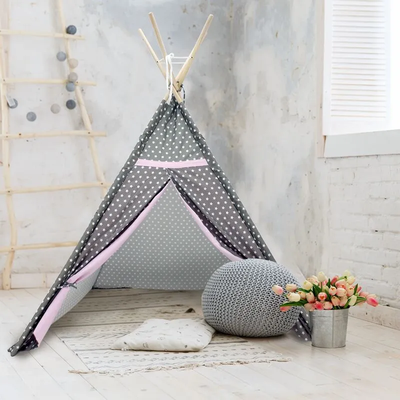 Tenda per Bambini Gioco Indiani Teepee - 115 x 115 x 160 cm - in Poliestere - Casetta Portatile Giocattolo Grigio con Stampa a Stelle Bianche da